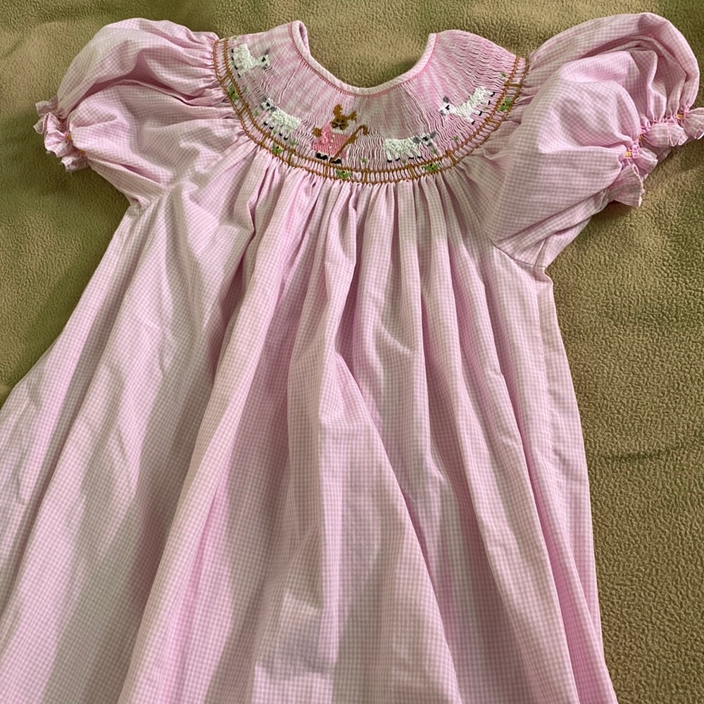 Pink Smocked Kids Dress with Sheep Embroidery